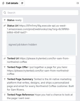 Result's response: status ready, the page URL, the sentences, and the summary.