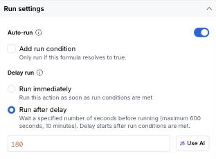 The Result column's run settings: Auto-run on and a 180 second delay.