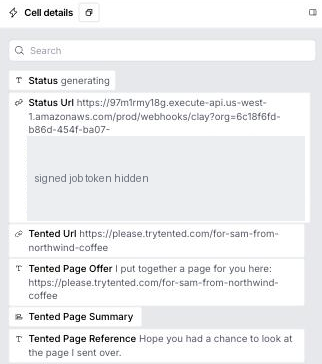 What Start returns for a new row: status generating, the reserved page URL, and your sentences.