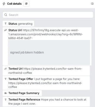 What Start returns for a new row: status generating, the reserved page URL, and your sentences.