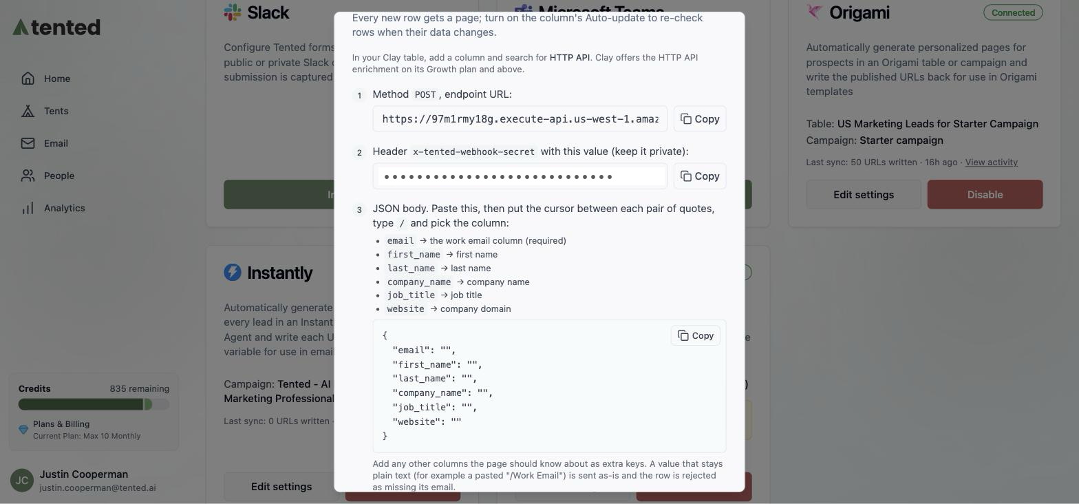 The Clay column step with the endpoint URL, header secret, and JSON body.