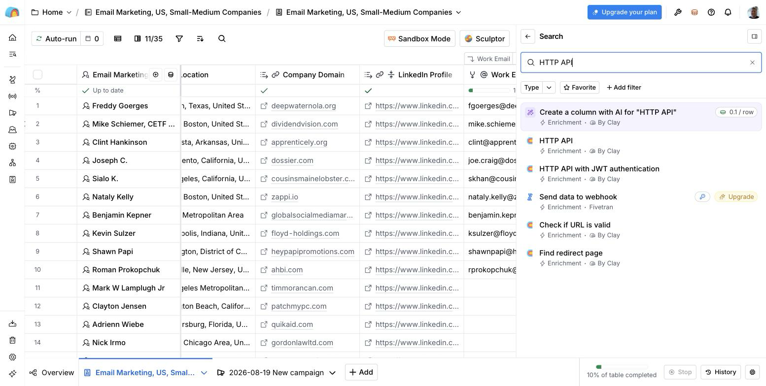 Clay's enrichment search showing the HTTP API enrichment.