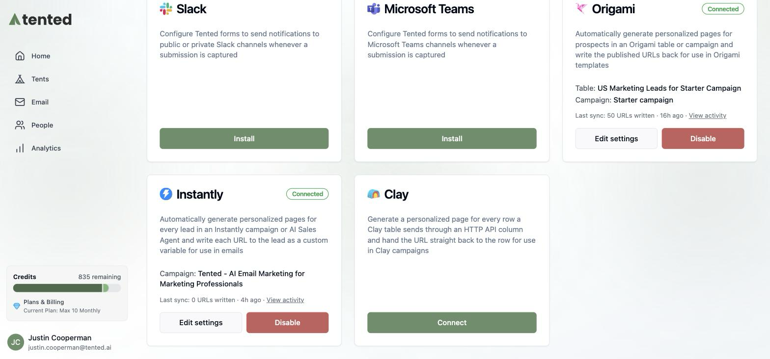 The Integrations page with the Clay tile and its Connect button.