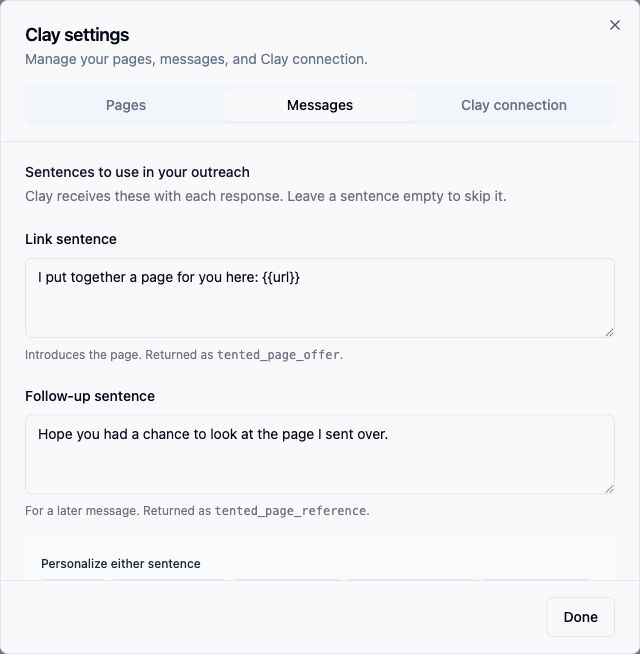 The Messages tab with both outreach sentences.