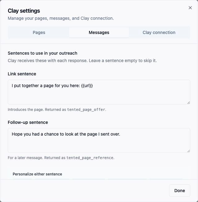 The Messages tab with both outreach sentences.