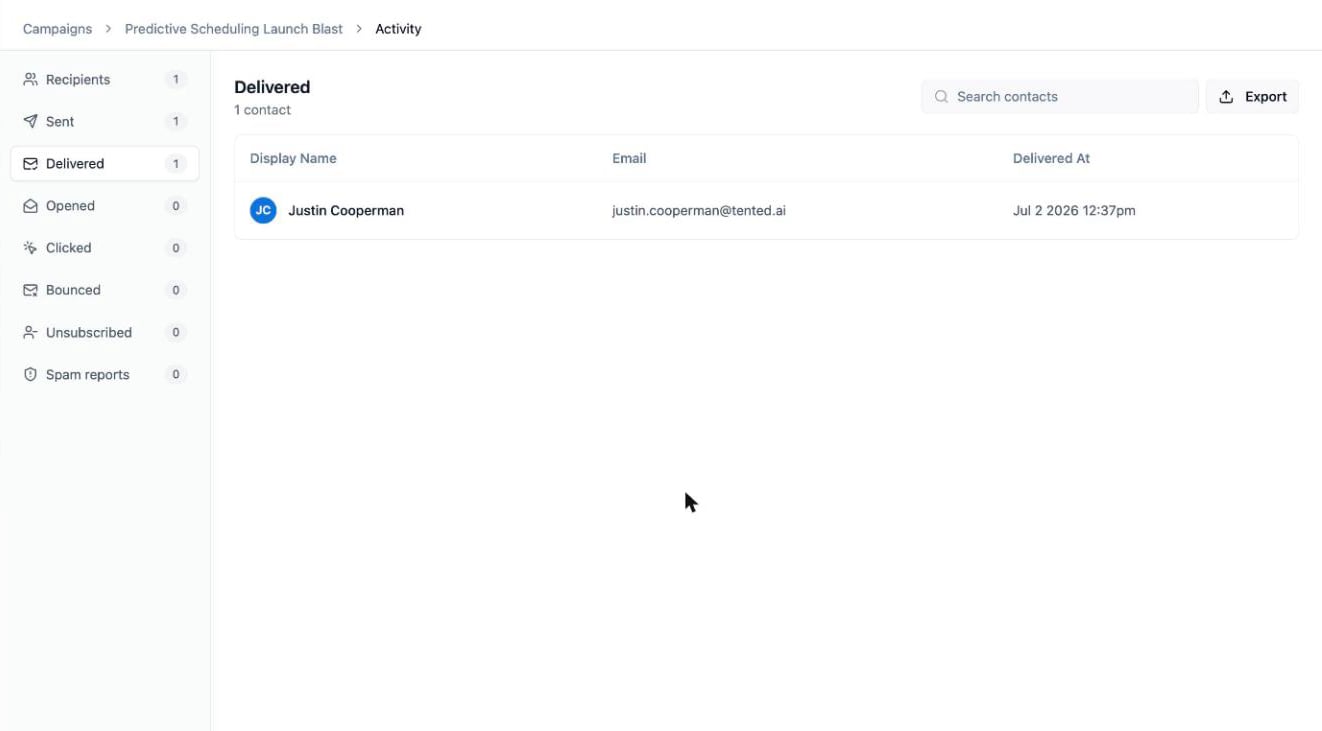 A screenshot of the blast Activity view showing the Delivered bucket with one contact, the metric rail on the left, and an Export button.