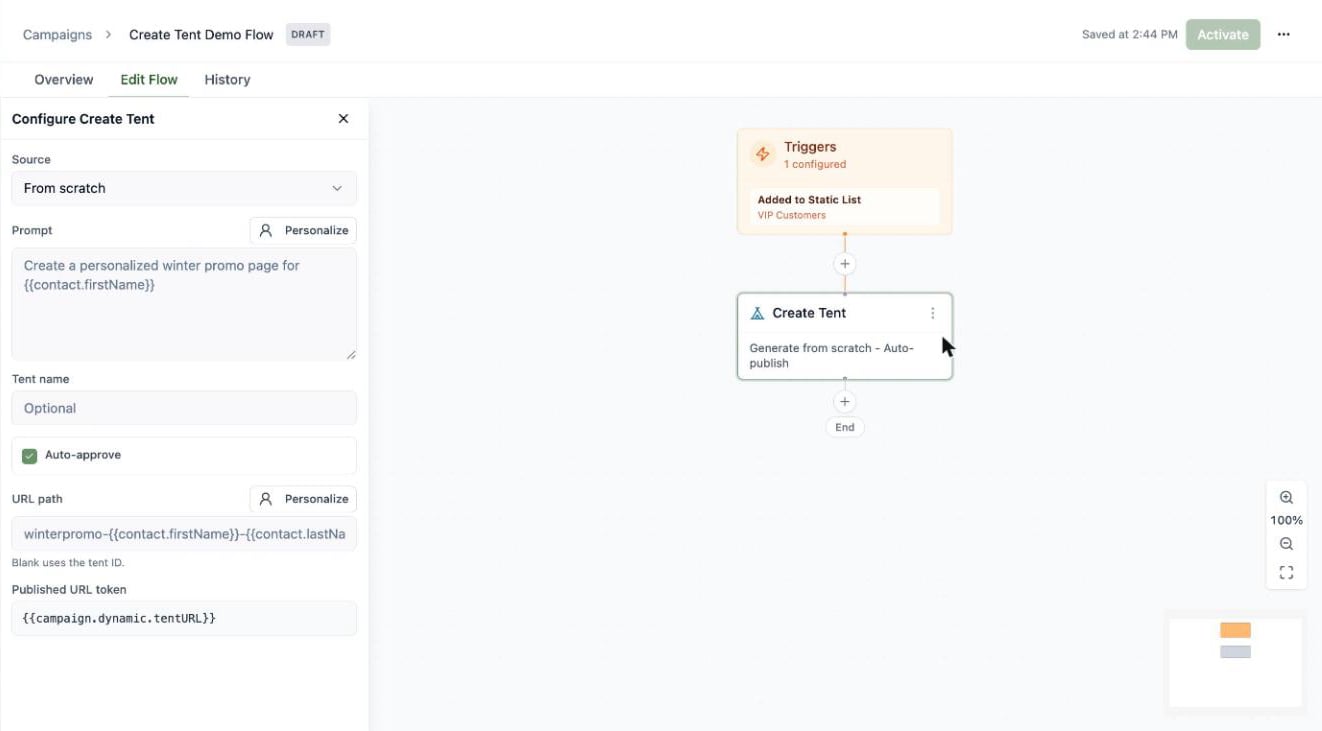 A screenshot of the Configure Create Tent panel showing Source, a personalized Prompt, an Auto-approve checkbox, a URL path field, and a Published URL token.
