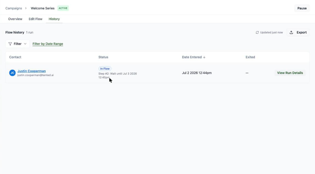 A screenshot of the flow History tab showing one run with an In Flow status and a View Run Details button.
