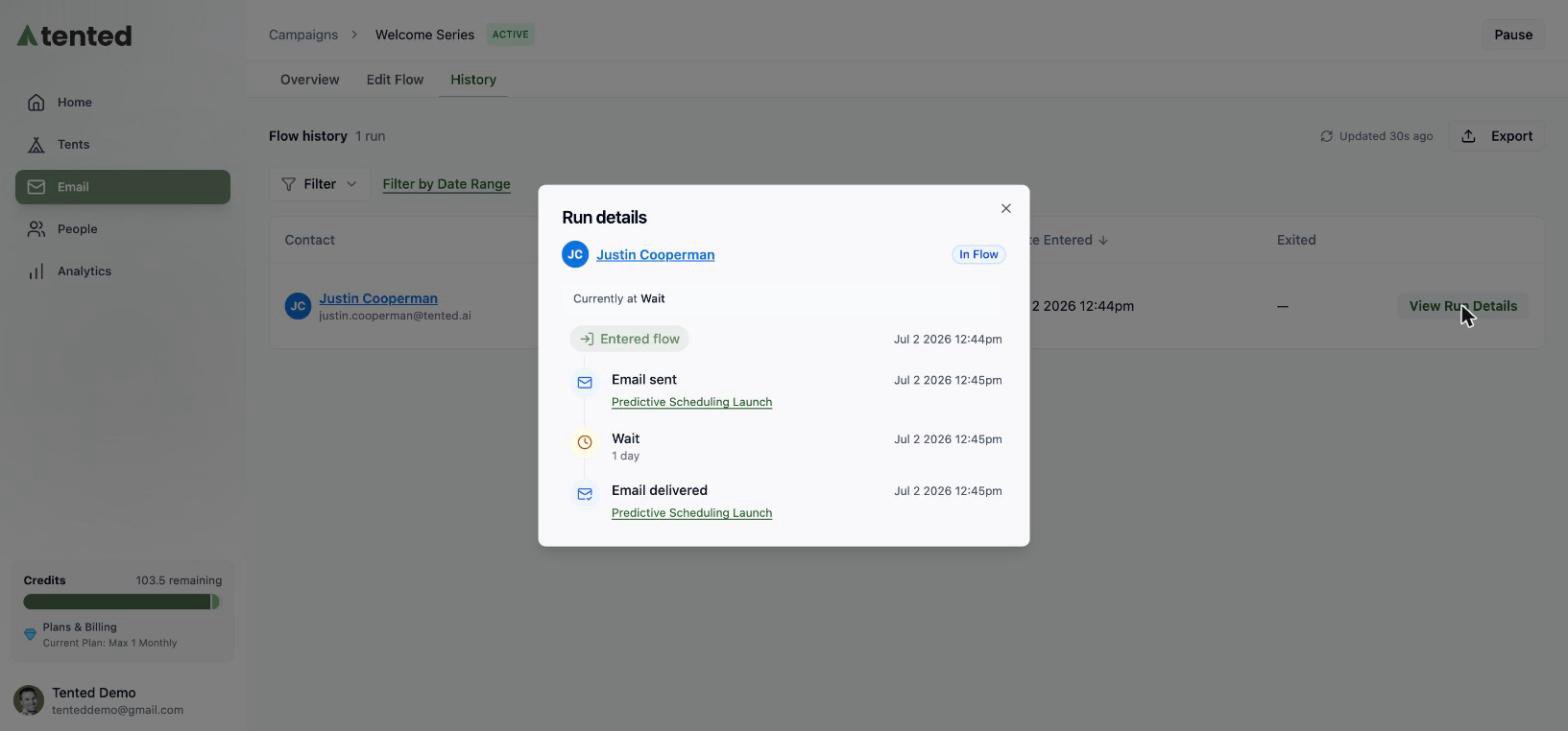 A screenshot of the Run details timeline showing Entered flow, Email sent, Wait, and Email delivered events with timestamps.