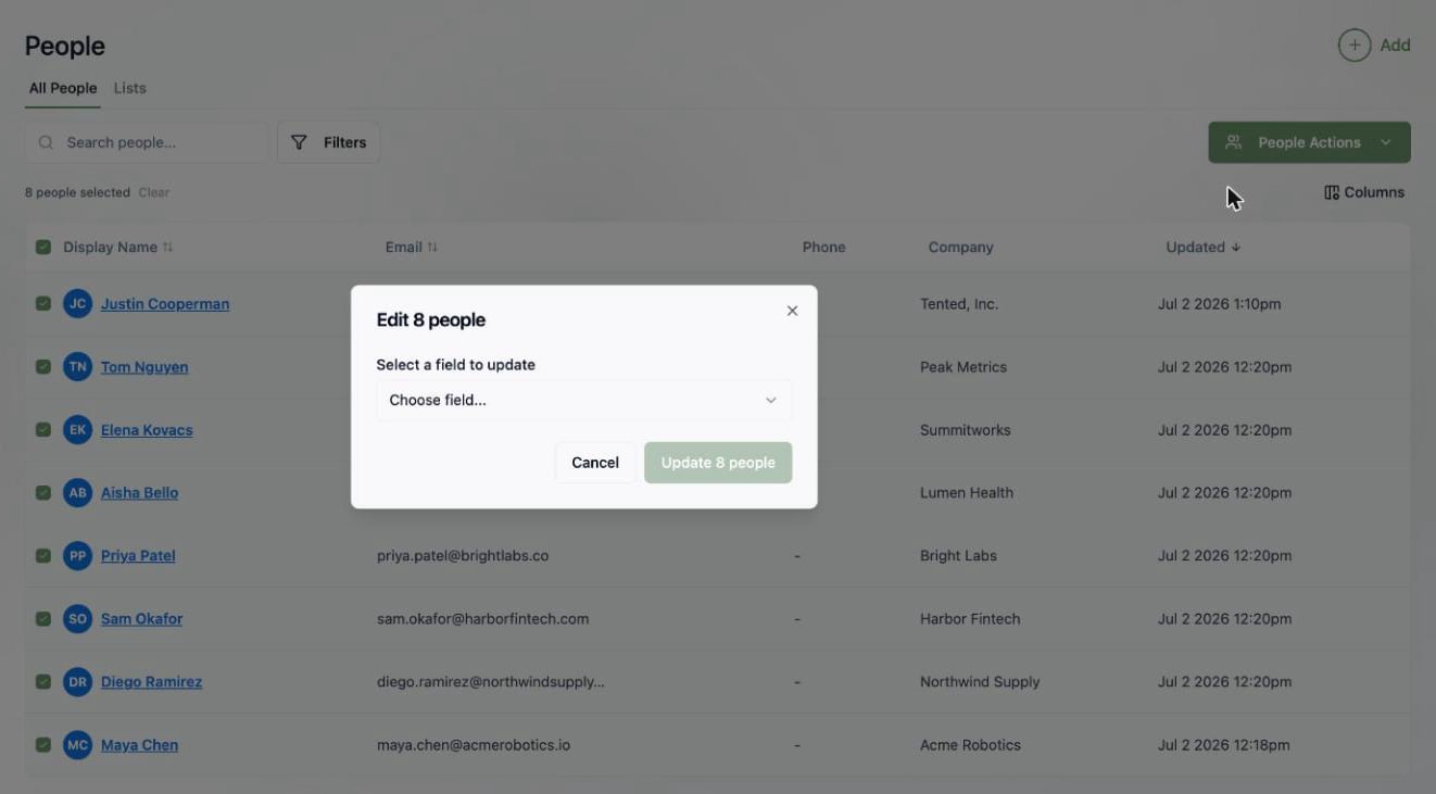 A screenshot of the Edit dialog for 8 people with a field picker to choose which field to update.