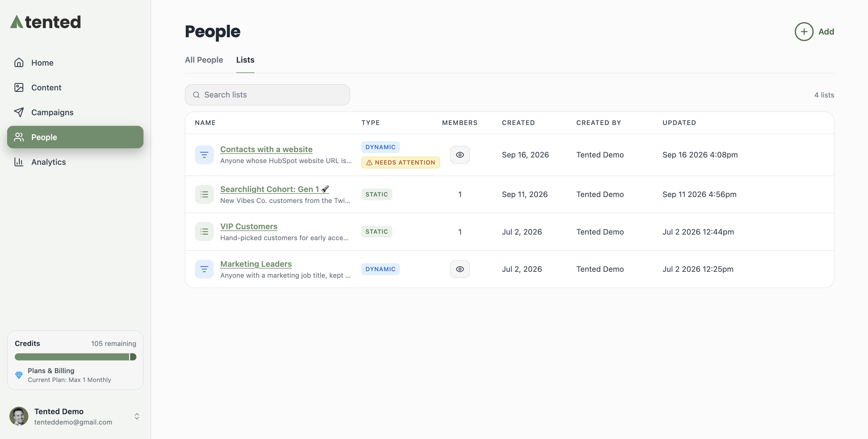 A screenshot of the Lists tab showing a Dynamic list called Marketing Leaders and a Static list called VIP Customers.