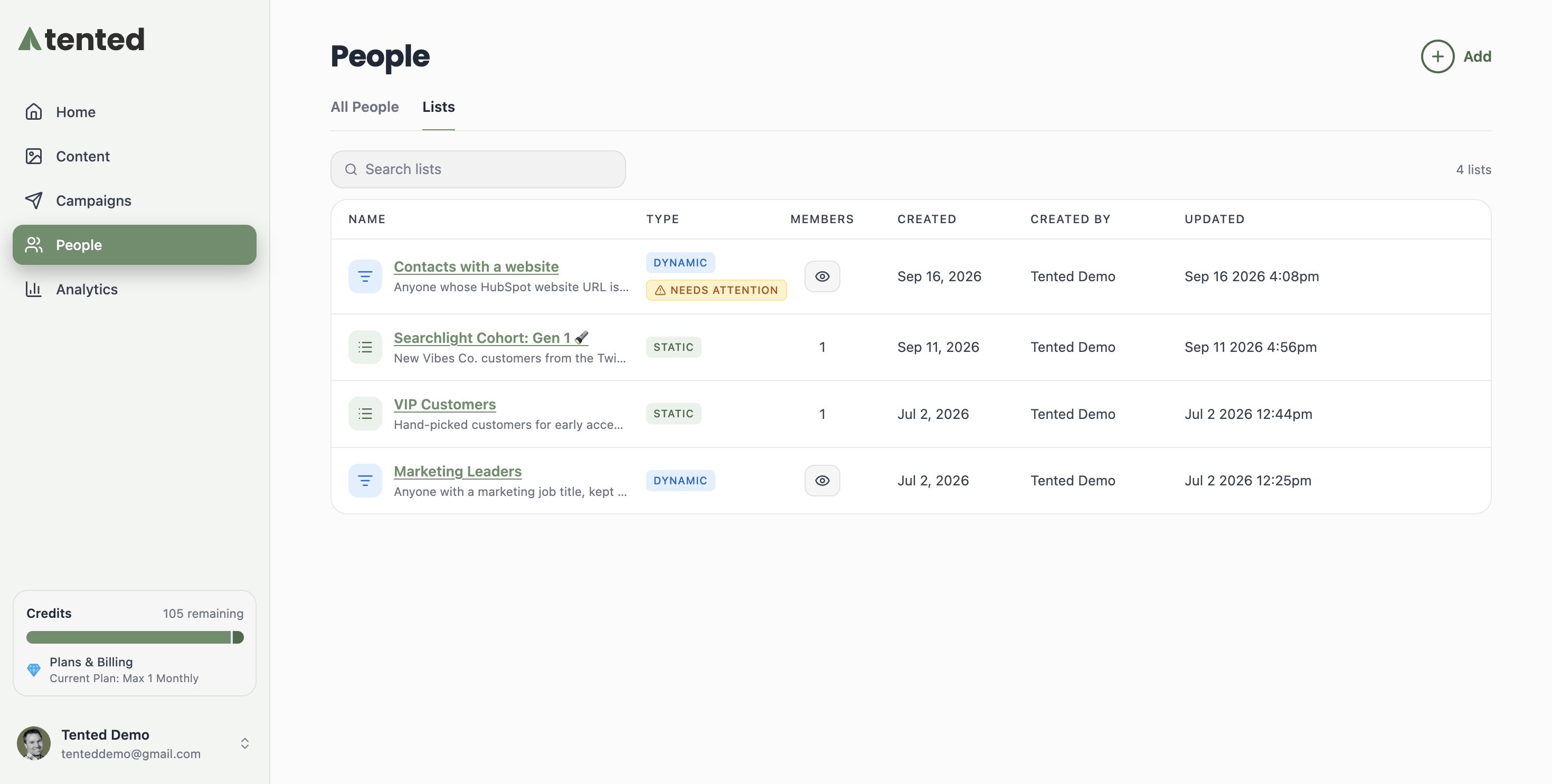A screenshot of the Lists tab showing a Dynamic list called Marketing Leaders and a Static list called VIP Customers.
