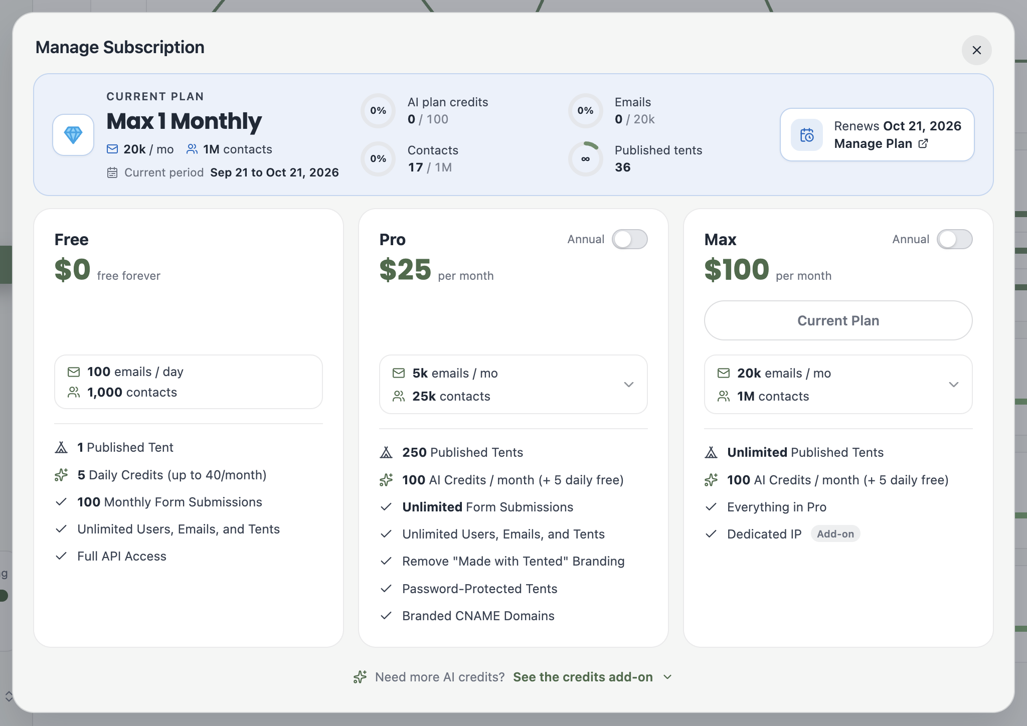 A screenshot of the Manage Subscription dialog with the current plan banner and plan cards.