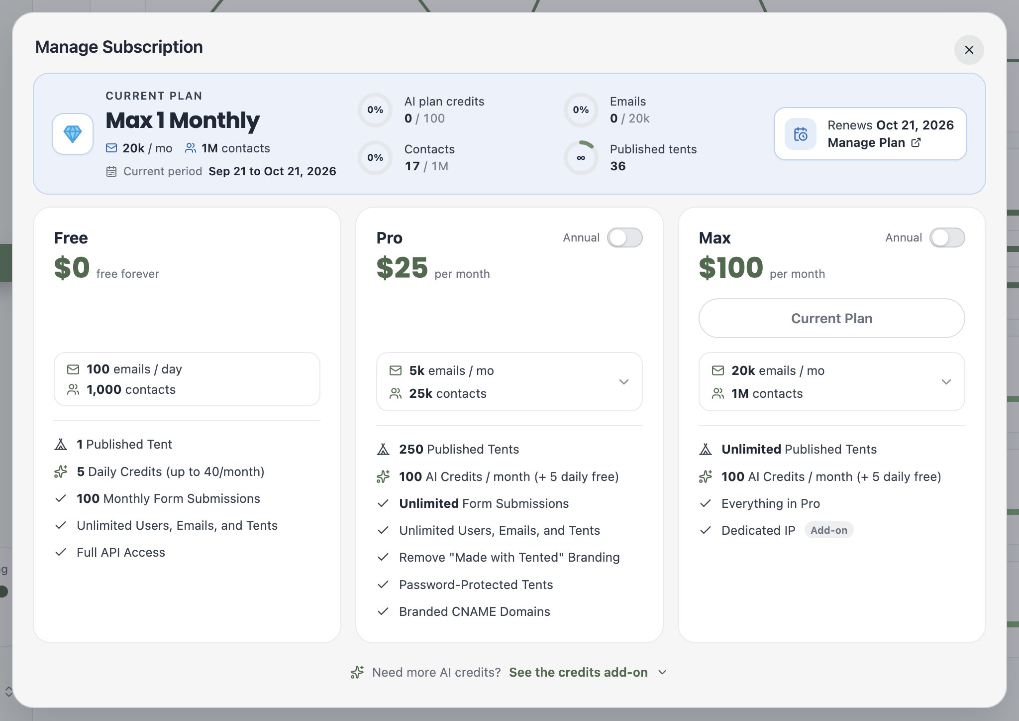 A screenshot of the Manage Subscription dialog with the current plan banner and plan cards.