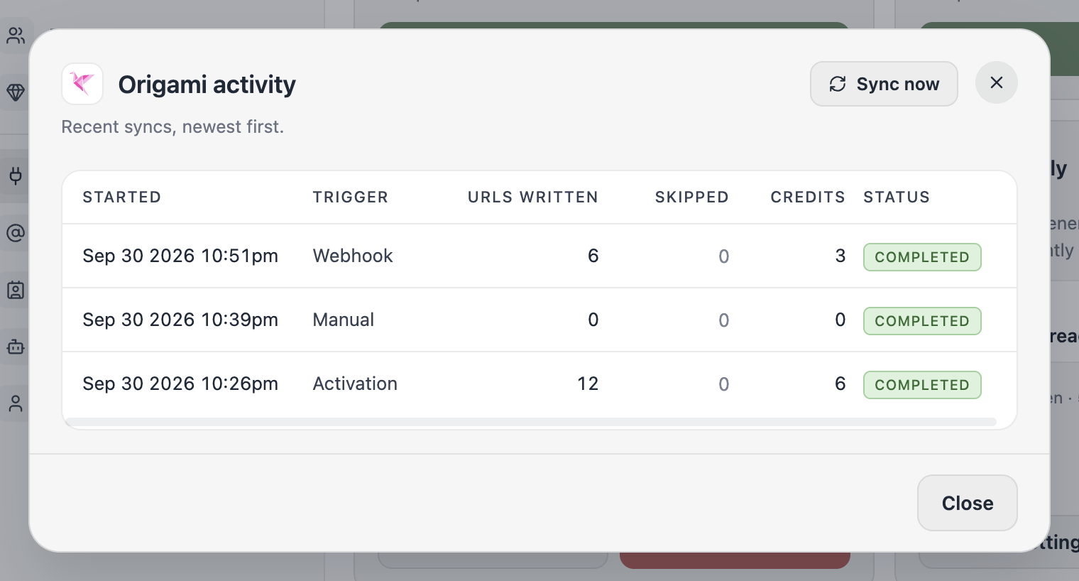 The Origami activity dialog listing recent syncs.
