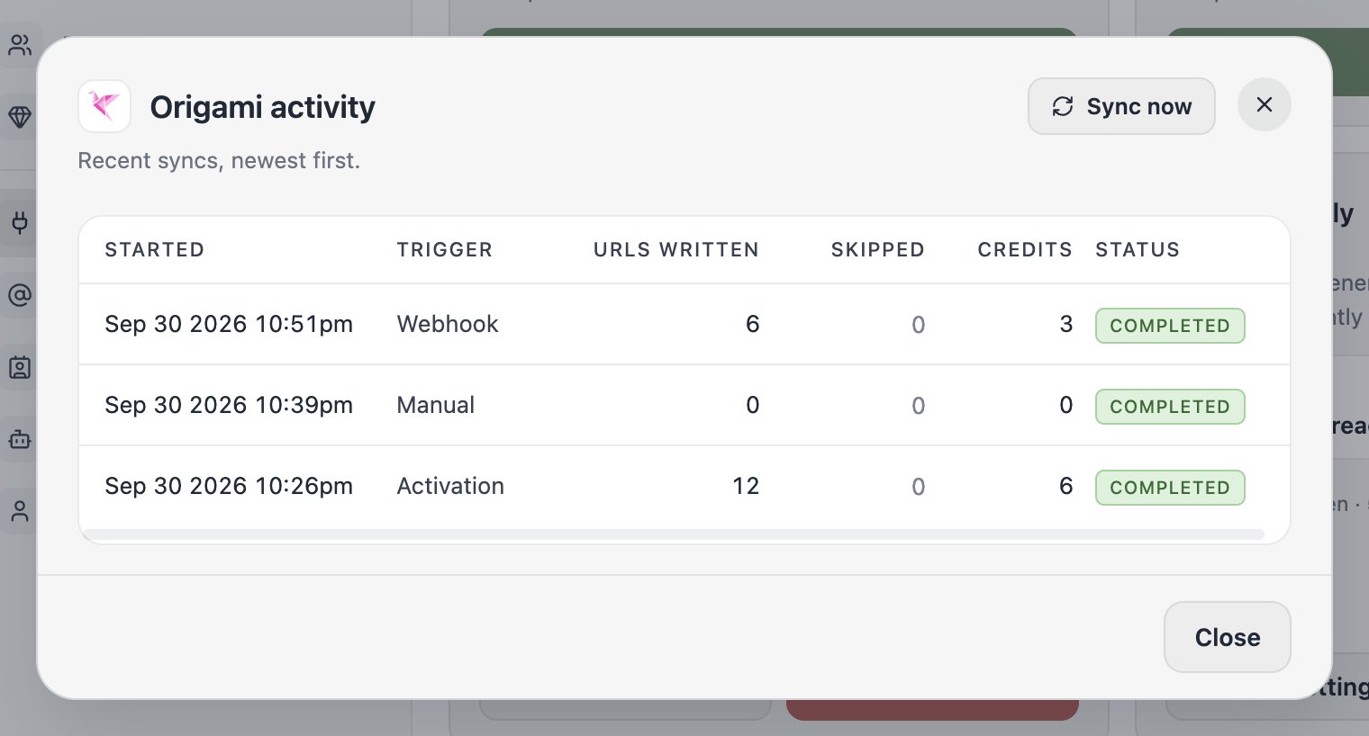 The Origami activity dialog listing recent syncs.