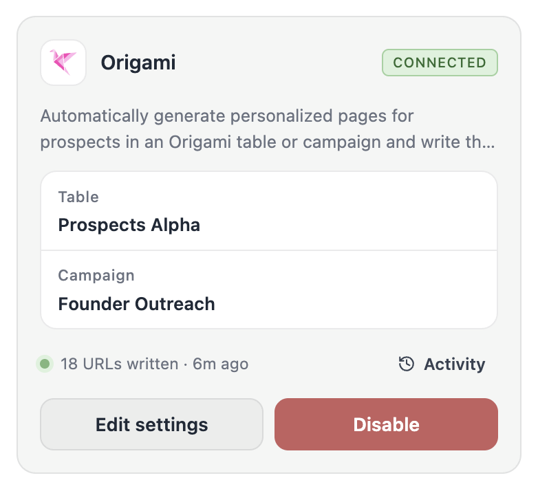 The Origami tile after connecting, showing the table, campaign, and last sync.