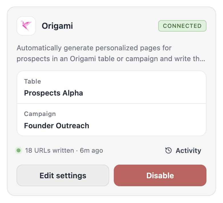 The Origami tile after connecting, showing the table, campaign, and last sync.