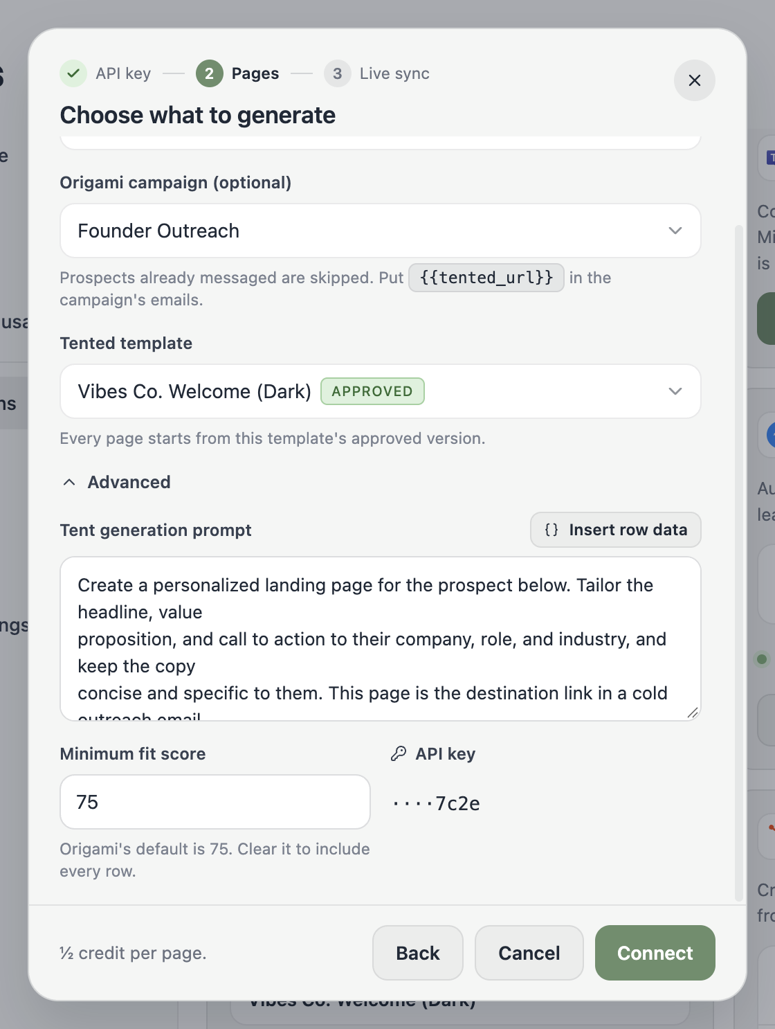 The Advanced section with the generation prompt, minimum fit score, and API key.