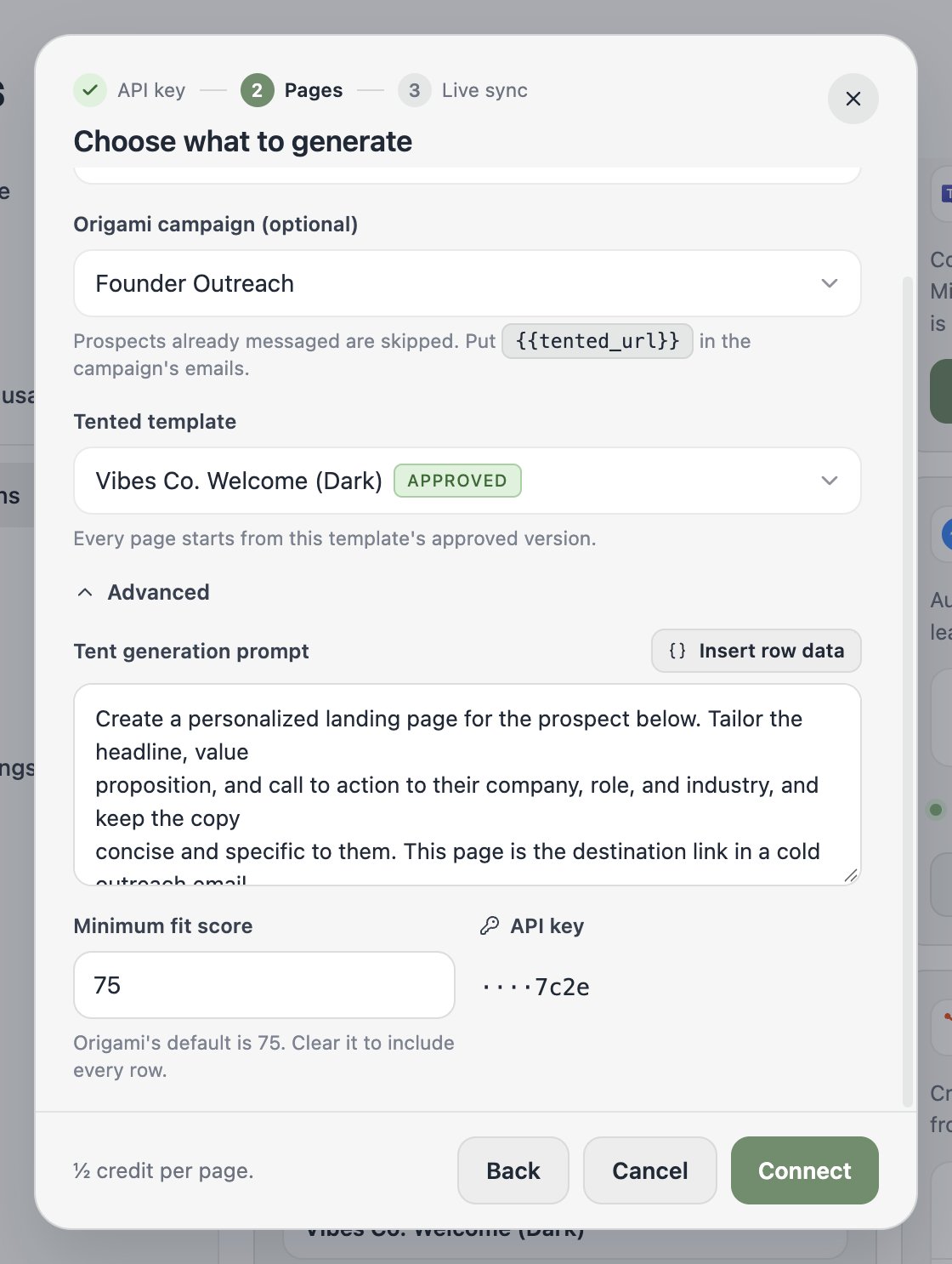 The Advanced section with the generation prompt, minimum fit score, and API key.