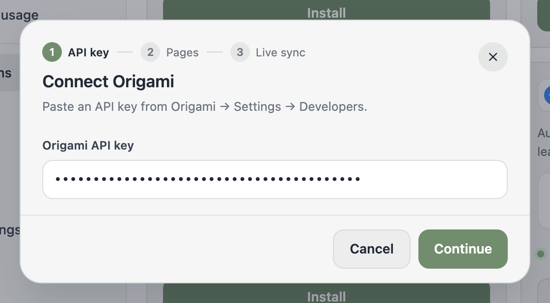 The Connect Origami dialog asking for an API key.