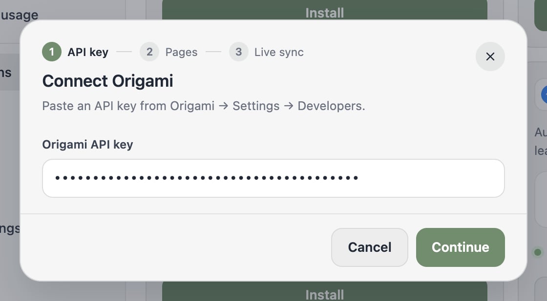 The Connect Origami dialog asking for an API key.
