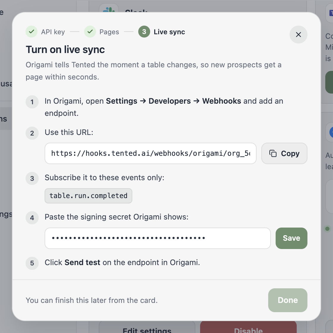 The Turn on live sync step listing the endpoint URL, the event to subscribe to, and a field for the signing secret.