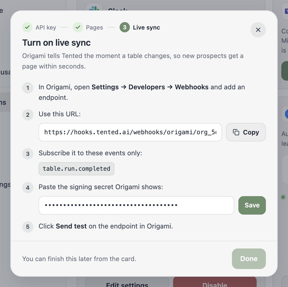 The Turn on live sync step listing the endpoint URL, the event to subscribe to, and a field for the signing secret.