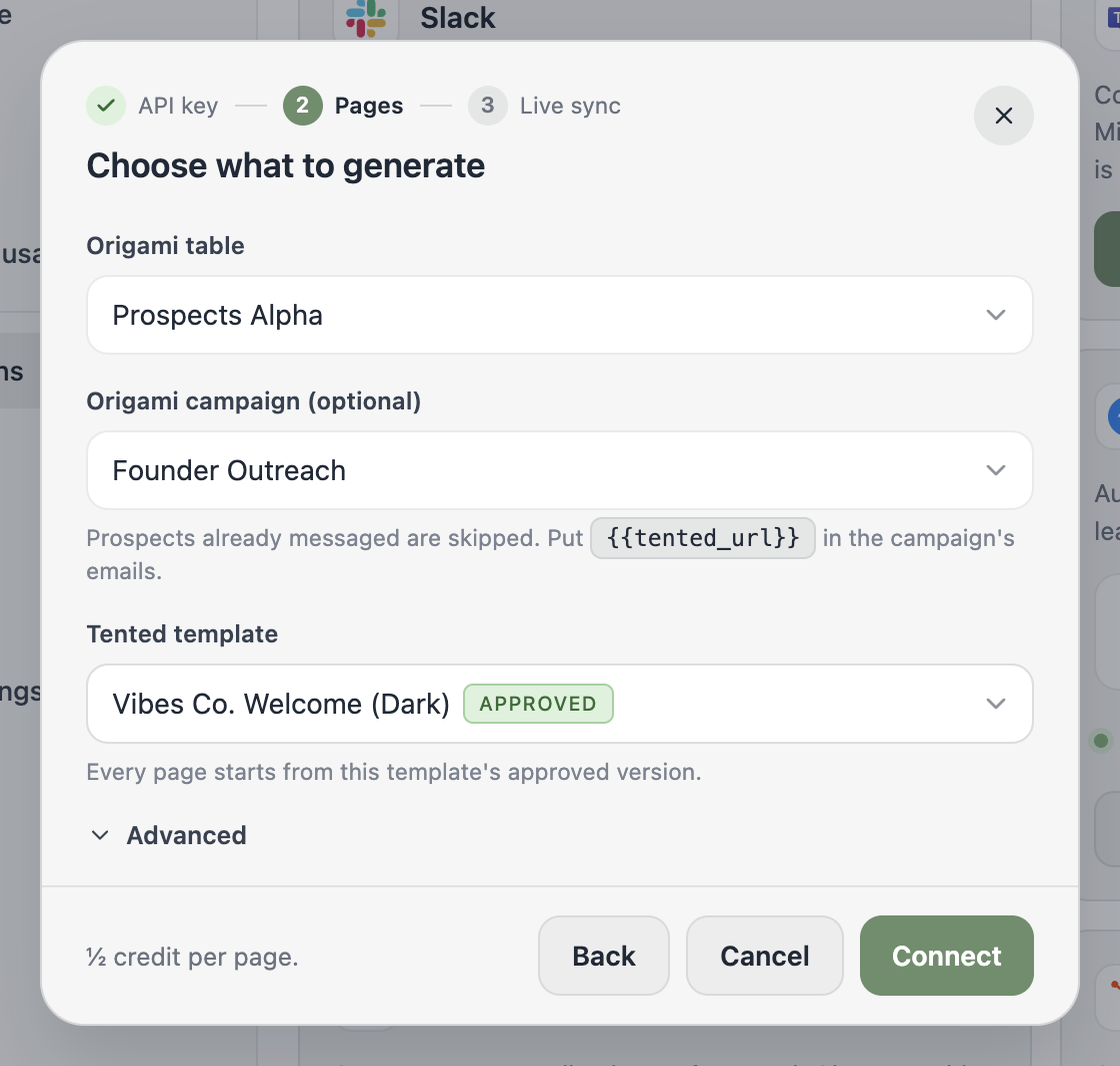 The Choose what to generate step with a table, a campaign, and a template selected.