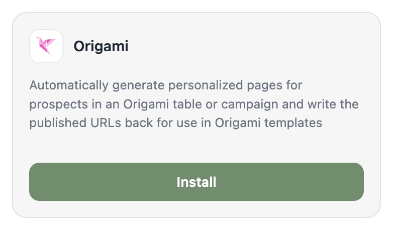 The Integrations page with the Origami tile and its Install button.