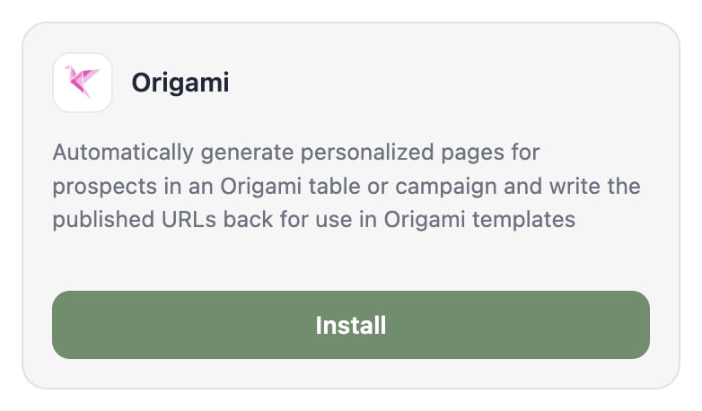 The Integrations page with the Origami tile and its Install button.