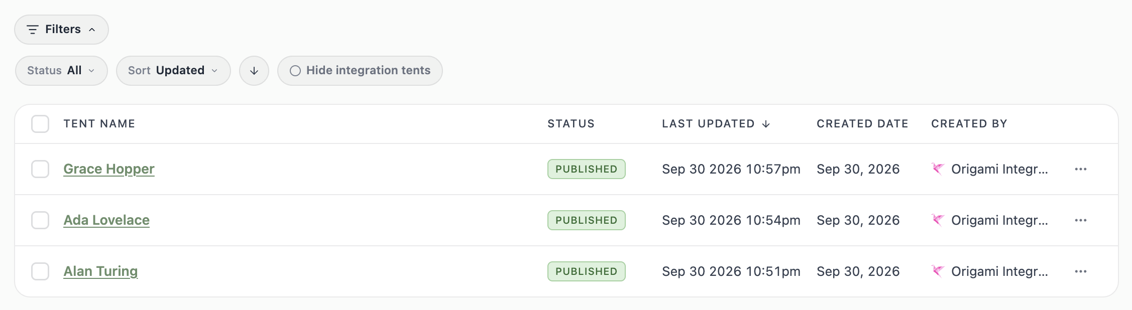 The Tents list with Origami Integration as the creator and the Hide integration tents toggle in the filter bar.