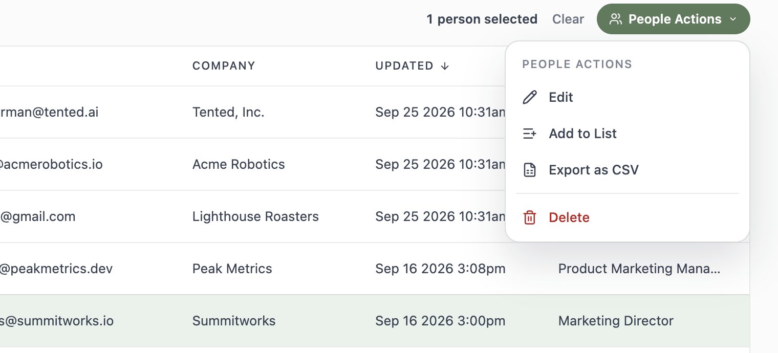 A screenshot of the People Actions menu with Edit, Add to List, Export as CSV, and Delete options.