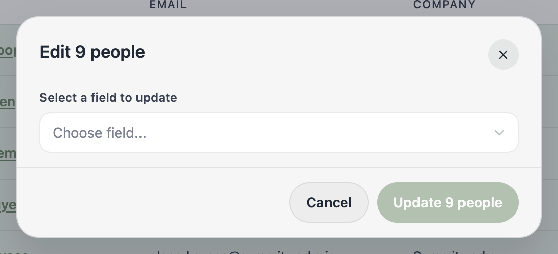 A screenshot of the Edit dialog for 8 people with a field picker to choose which field to update.