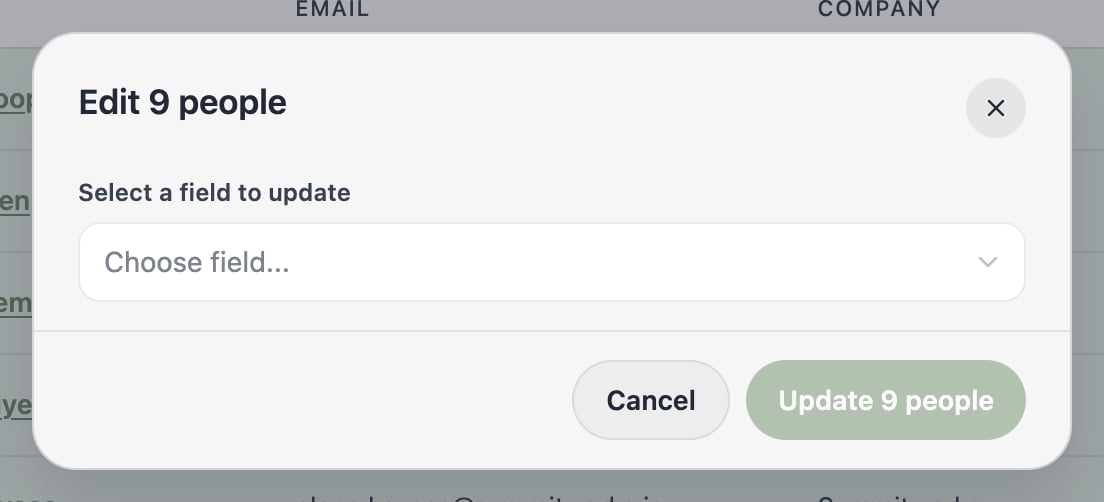 A screenshot of the Edit dialog for 8 people with a field picker to choose which field to update.