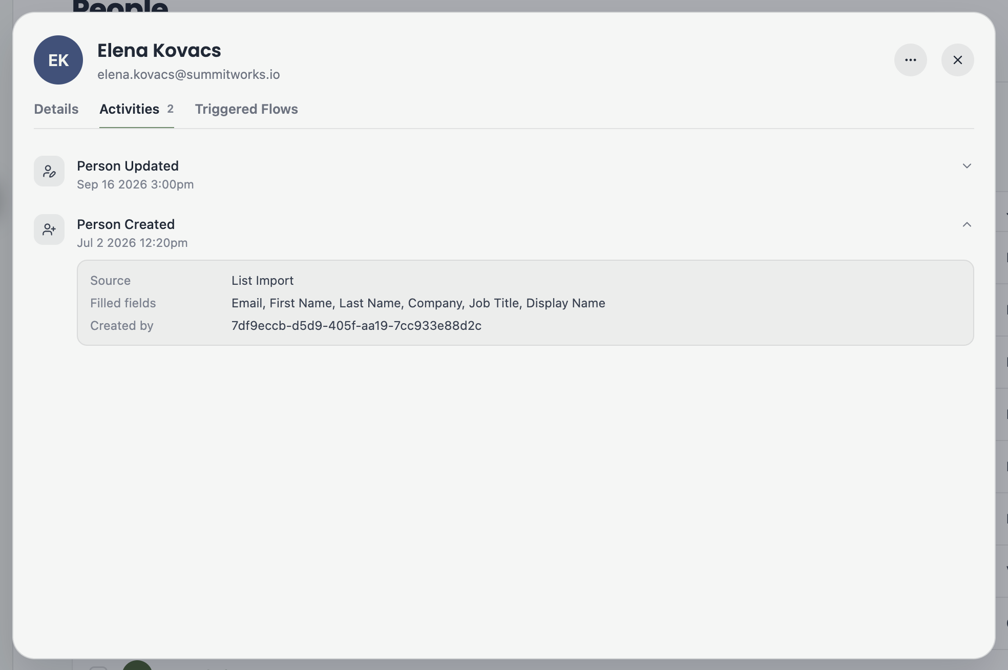 A screenshot of a contact's Activities tab showing a Person Created event with its source and filled fields.