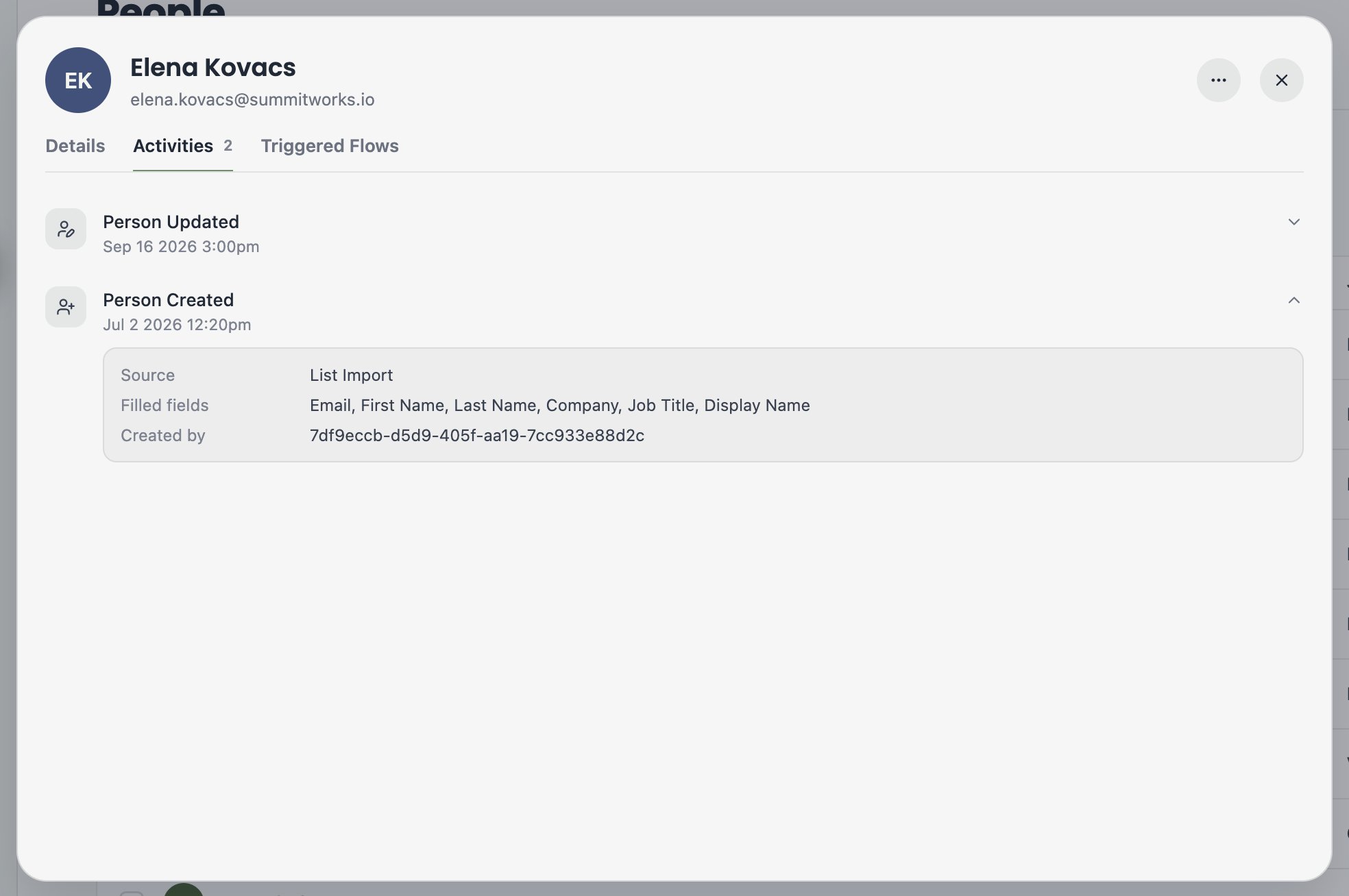 A screenshot of a contact's Activities tab showing a Person Created event with its source and filled fields.