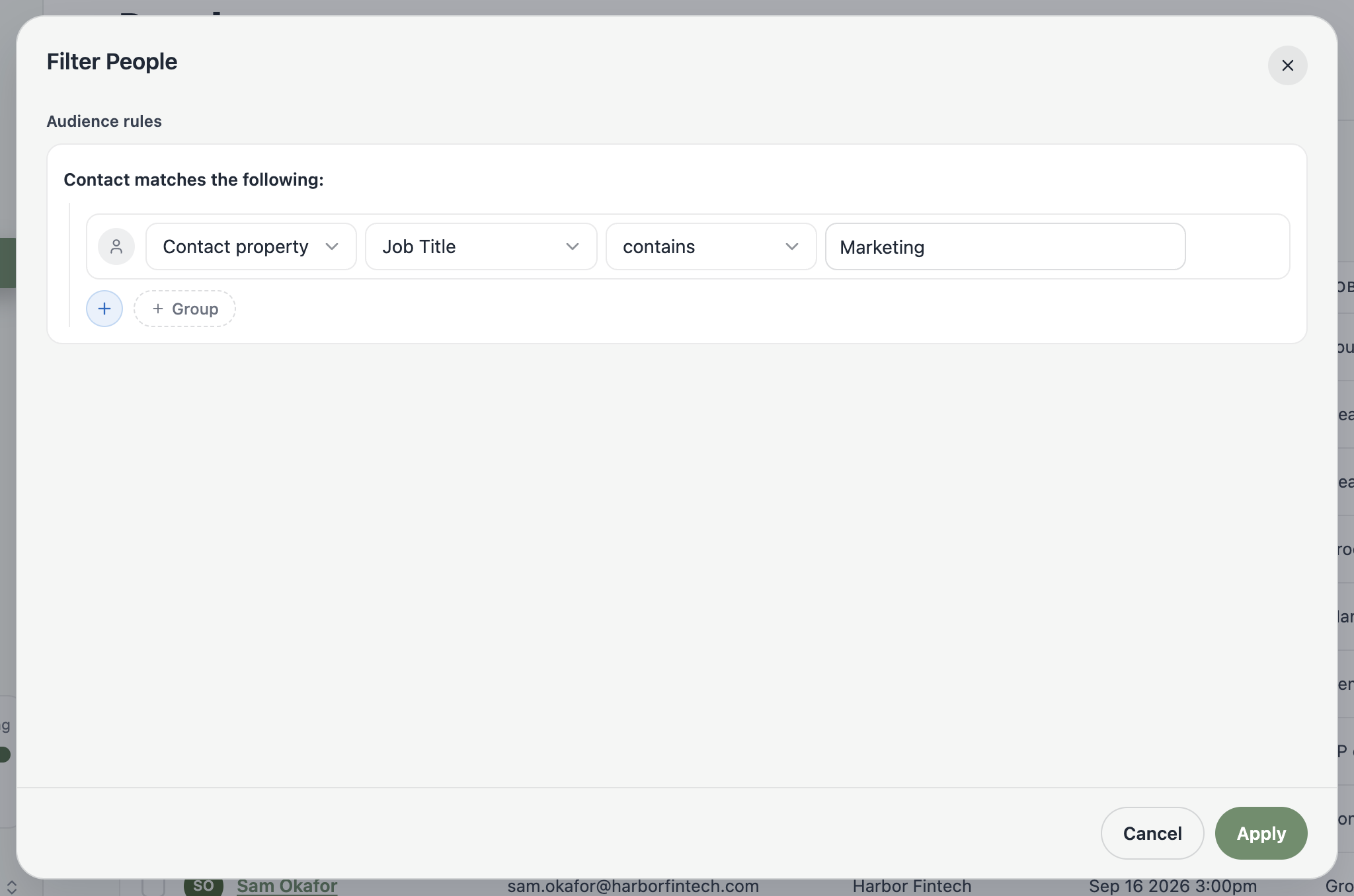 A screenshot of the Filter People dialog showing the audience rule builder.