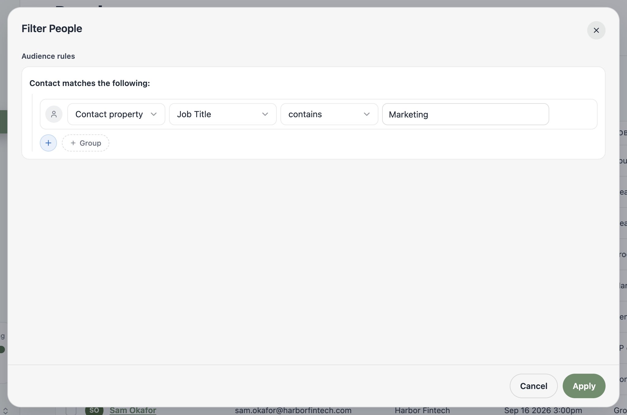 A screenshot of the Filter People dialog showing the audience rule builder.