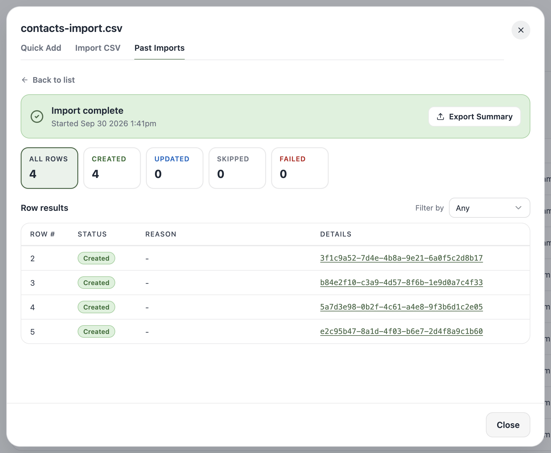 A screenshot of a completed import showing 6 rows created and a row results table with statuses.