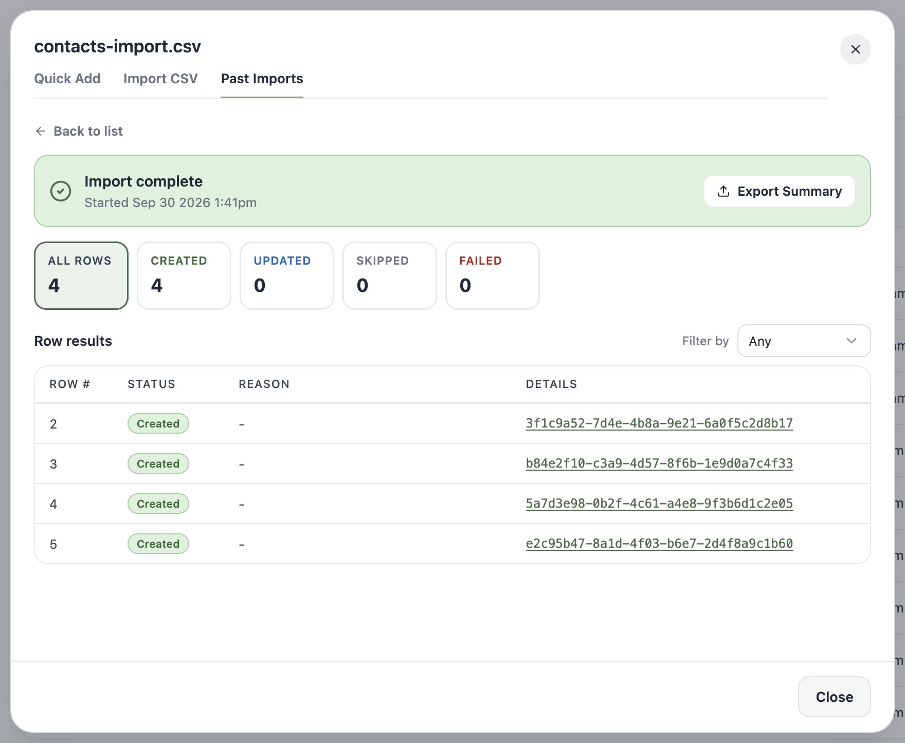 A screenshot of a completed import showing 6 rows created and a row results table with statuses.