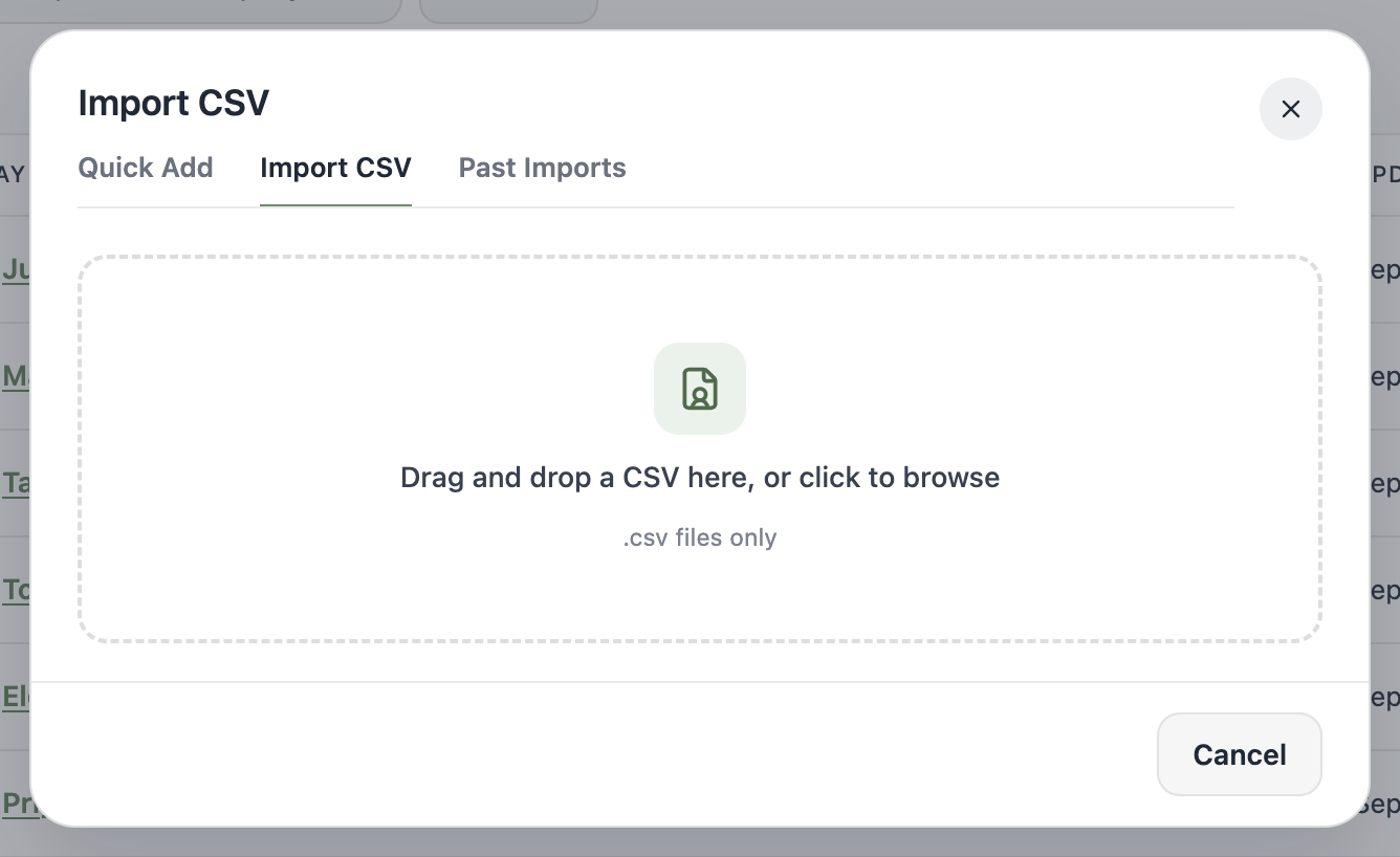 A screenshot of the Import CSV tab with a drag-and-drop area for the CSV file.