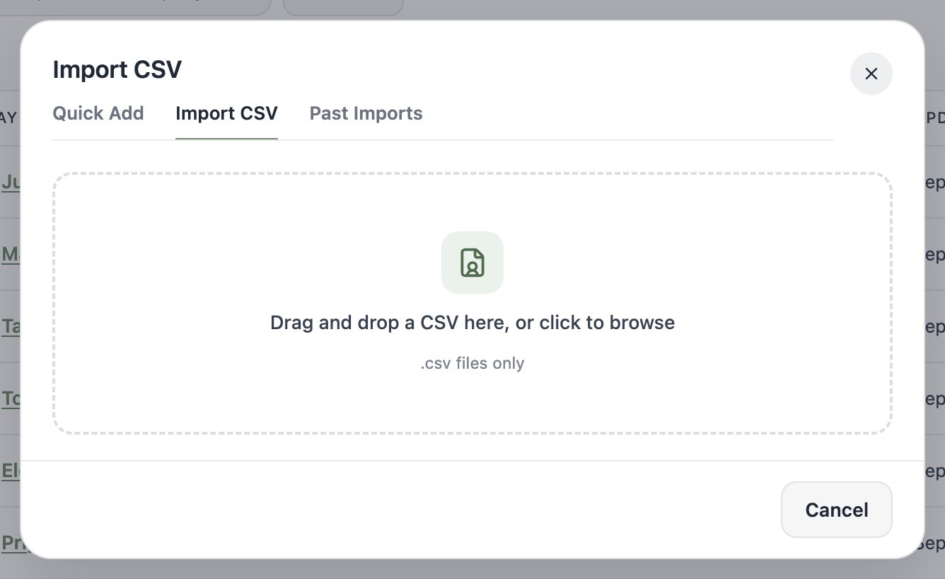 A screenshot of the Import CSV tab with a drag-and-drop area for the CSV file.
