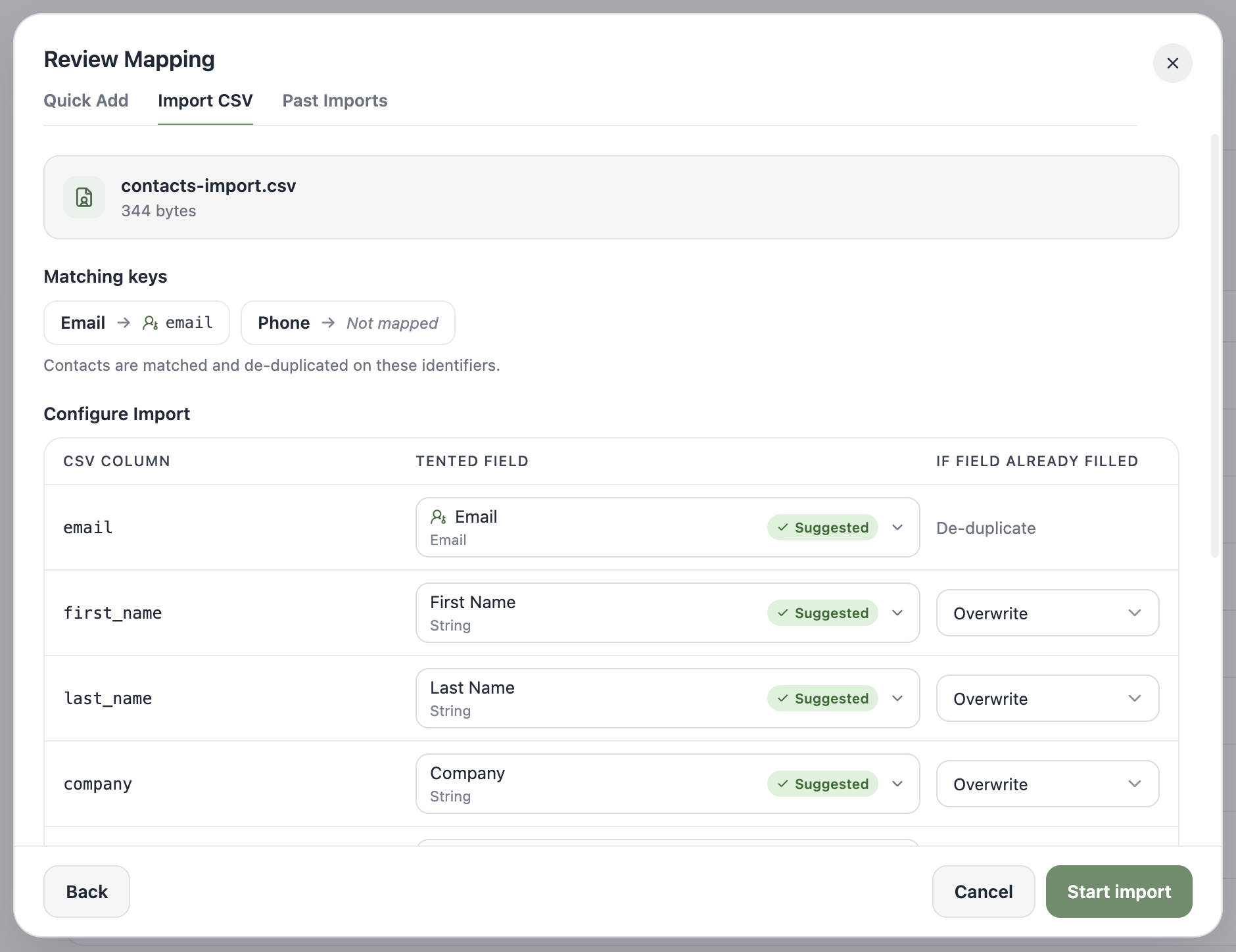 A screenshot of the Configure Import screen showing CSV columns auto-mapped to Tented fields with per-column overwrite settings.