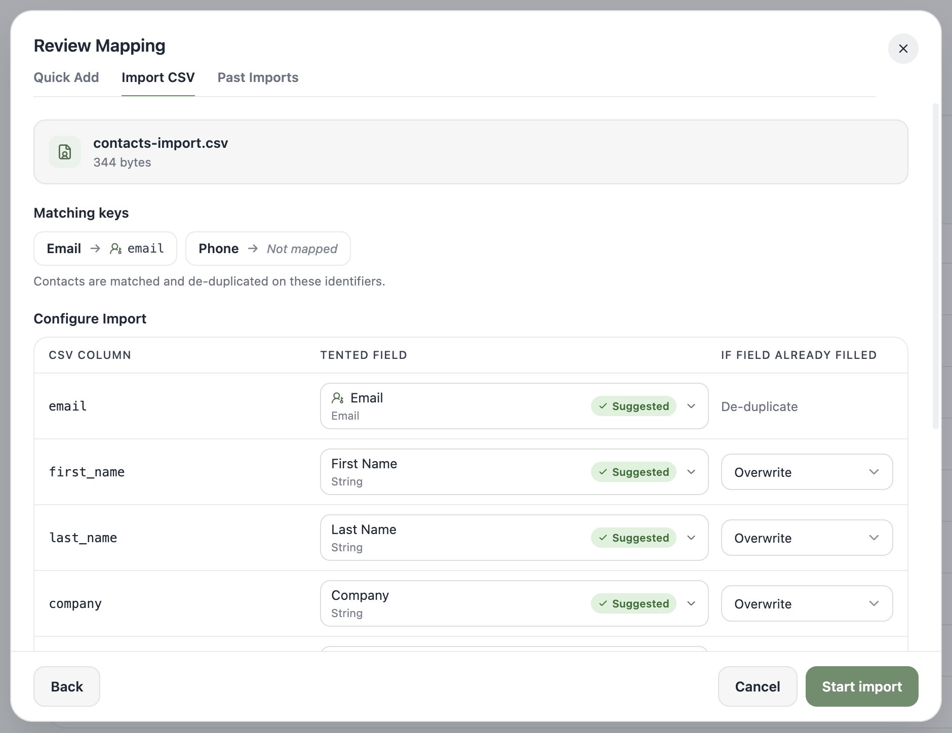 A screenshot of the Configure Import screen showing CSV columns auto-mapped to Tented fields with per-column overwrite settings.