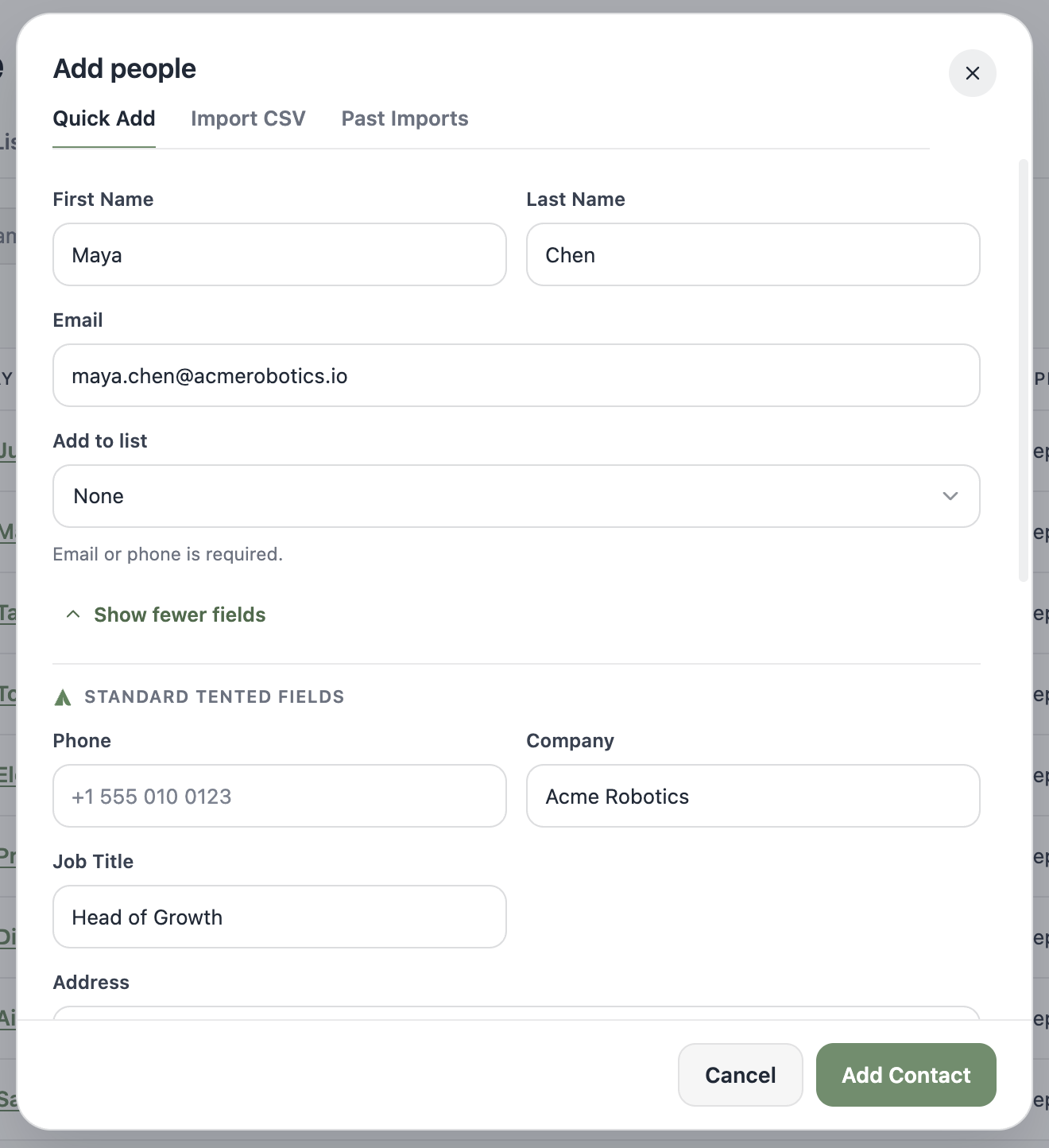 A screenshot of the Quick Add form filled in with a contact named Maya Chen from Acme Robotics.