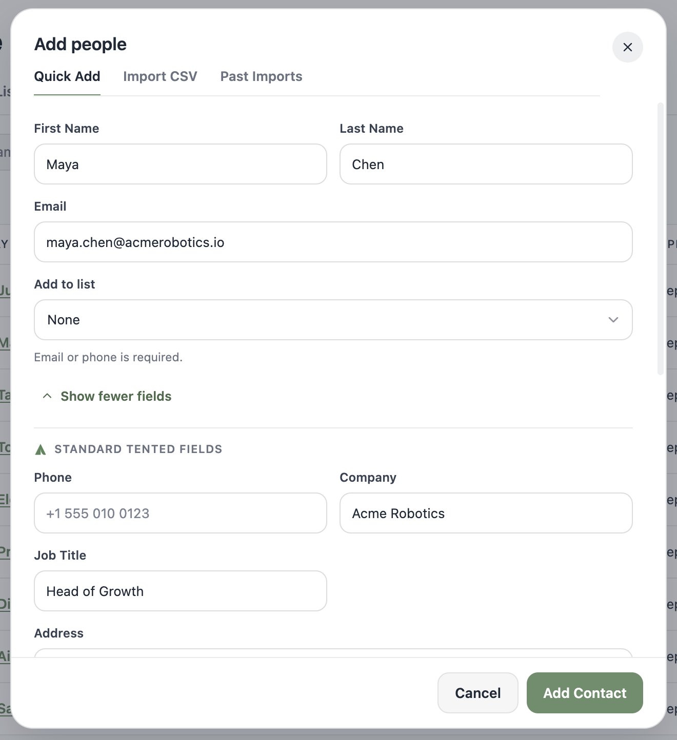 A screenshot of the Quick Add form filled in with a contact named Maya Chen from Acme Robotics.