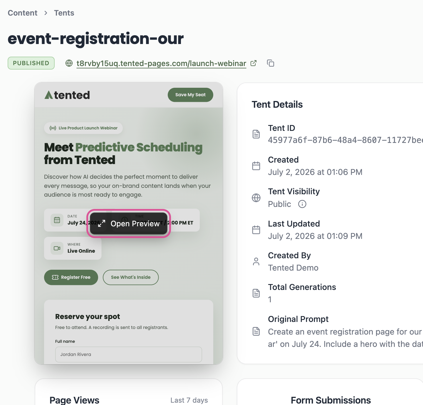 A screenshot of the tent details page with the Preview in New Tab button highlighted.