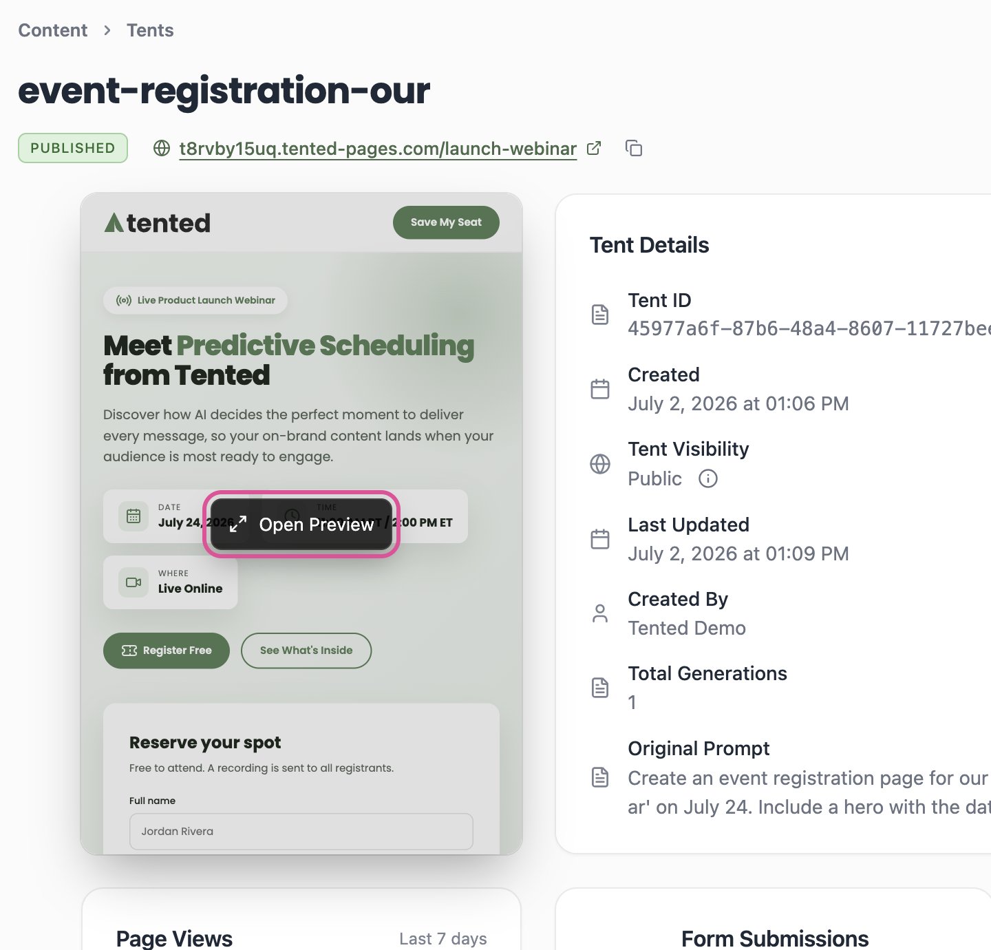 A screenshot of the tent details page with the Preview in New Tab button highlighted.