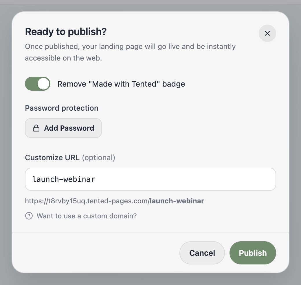 A screenshot of the Ready to publish dialog with the Made with Tented badge toggle, password protection, and a custom URL field.